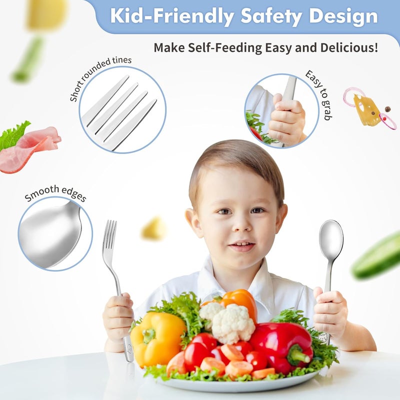 DRKIO طقم أدوات الطعام للأطفال من الفولاذ المقاوم للصدأ - 6 قطع طقم أدوات مائدة للأطفال آمن للطعام شوك صغيرة وملاعق آمنة للأطفال قابلة للغسل في غسالة الصحون مصقولة بمرآة - Image 3